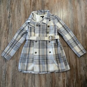 BCX Gray and Cream Junior's Plaid Peacoat